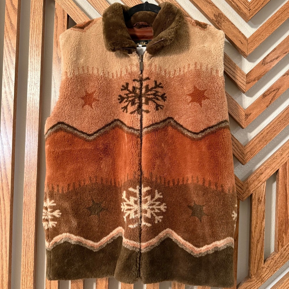 Western Boho Vintage 90s Artfur Duffel Faux Fur Snowflake Vest S Brown